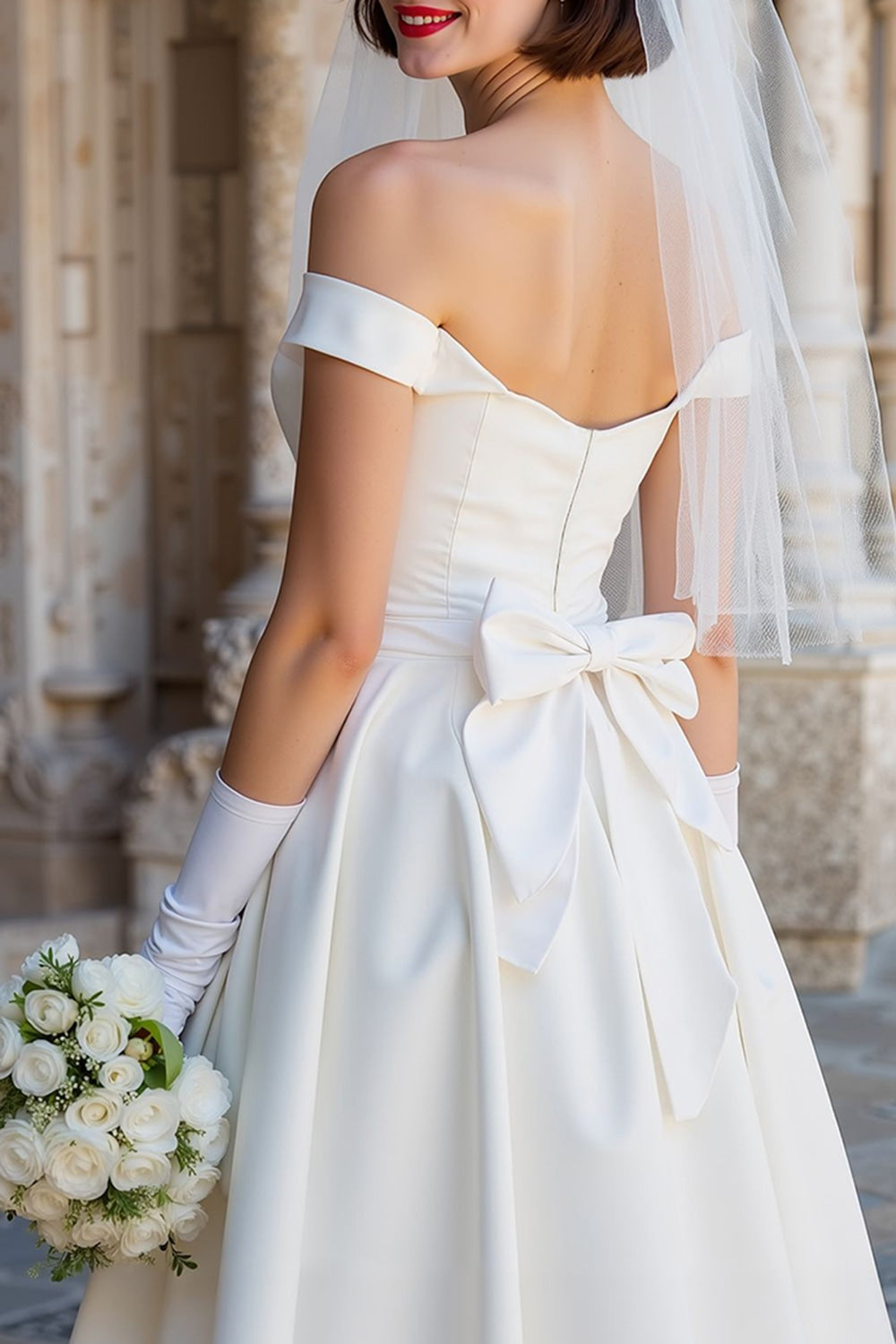 Vestido de novia midi blanco tipo corsé con escote Bardot y lazos