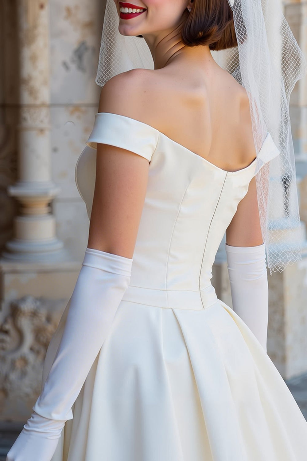 Vestido de novia midi blanco tipo corsé con escote Bardot y lazos