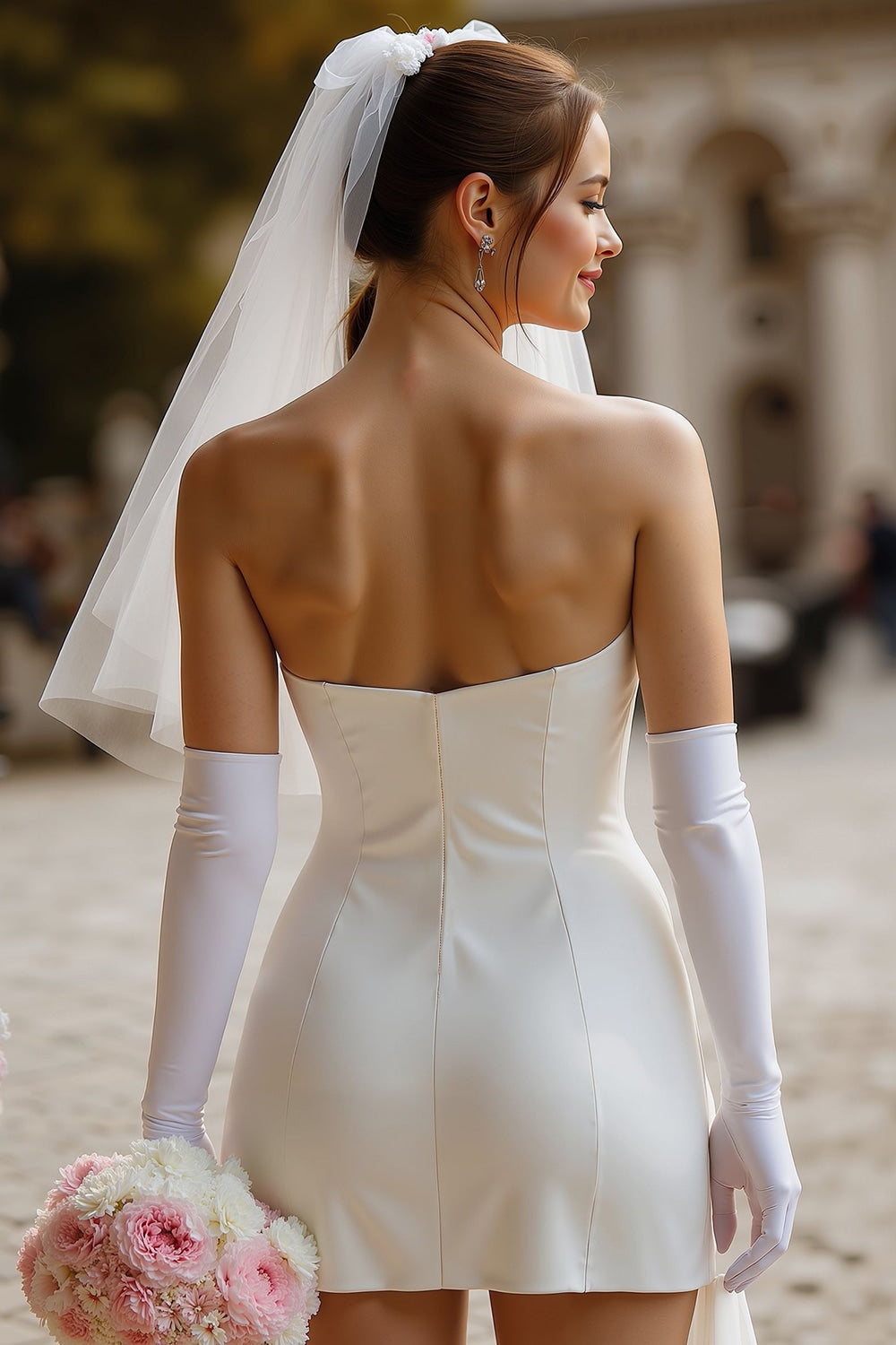White Sweetheart Bodycon Satin Short Wedding Dress with Bow (without Gloves))