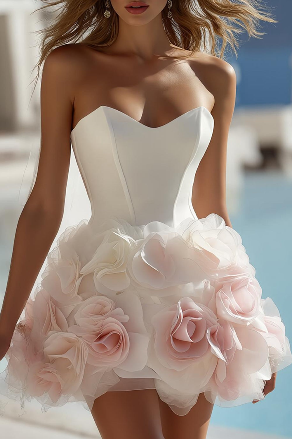 Ivory Satin Sweetheart Bodycon Short Wedding Dress with 3D Flowers