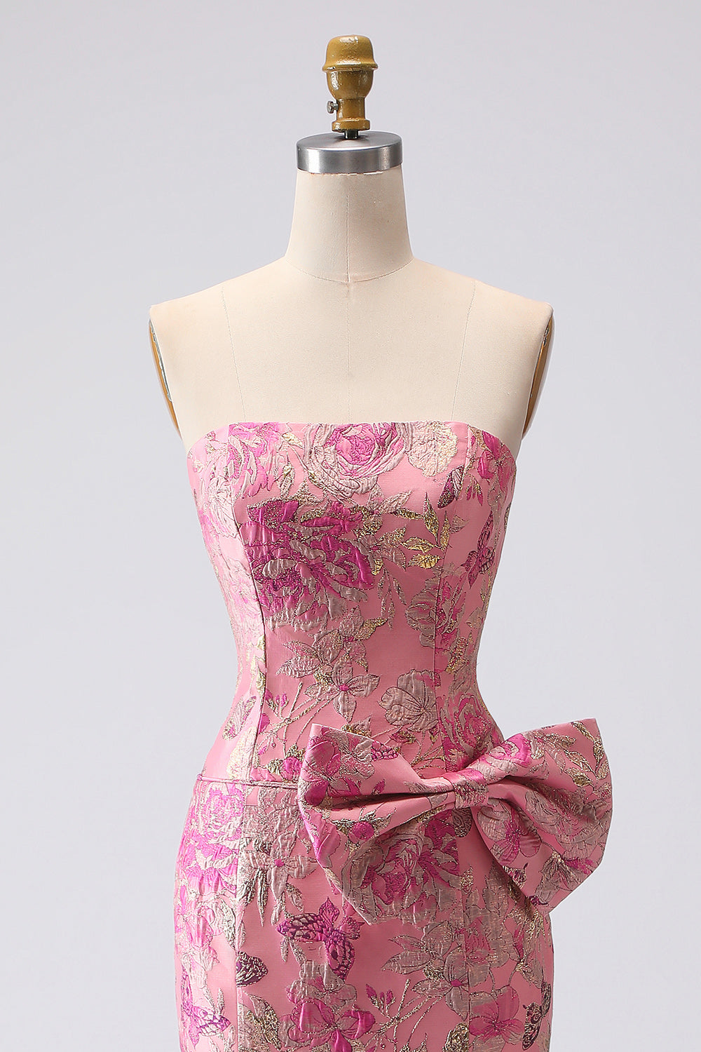 Fuchsia Mermaid Bow Strapless Jacquard Long Prom Dress with Slit