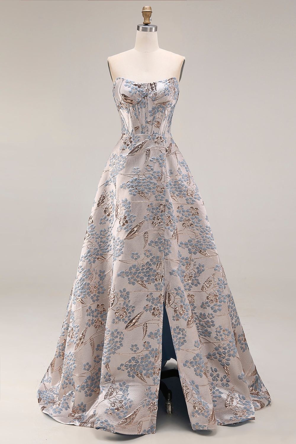 Robe de bal longue en jacquard argenté sans bretelles, coupe A, avec corset et fente