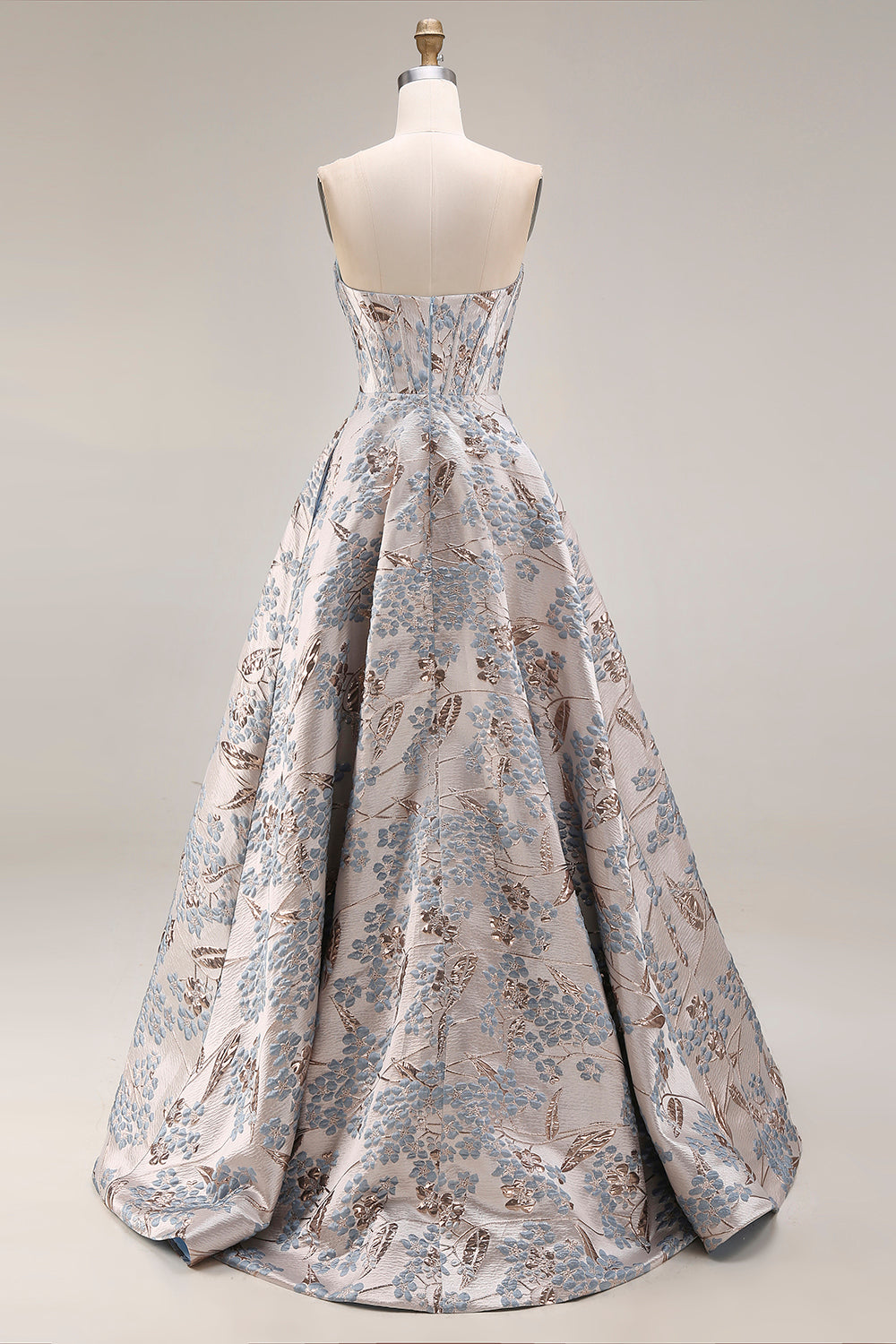 Robe de bal longue en jacquard argenté sans bretelles, coupe A, avec corset et fente