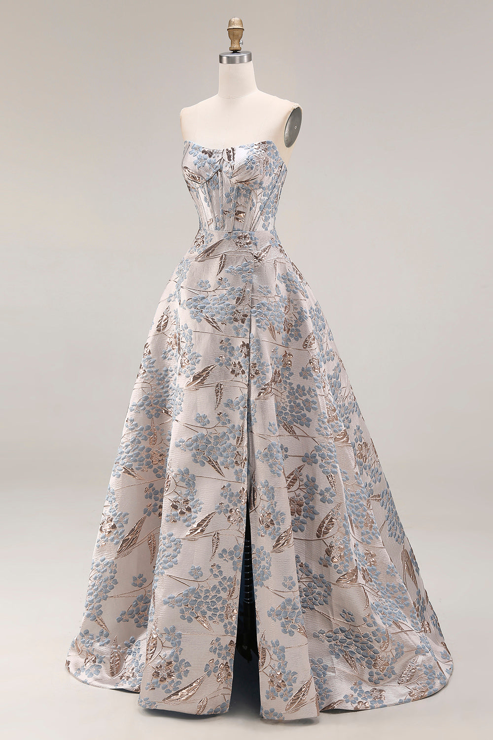 Robe de bal longue en jacquard argenté sans bretelles, coupe A, avec corset et fente