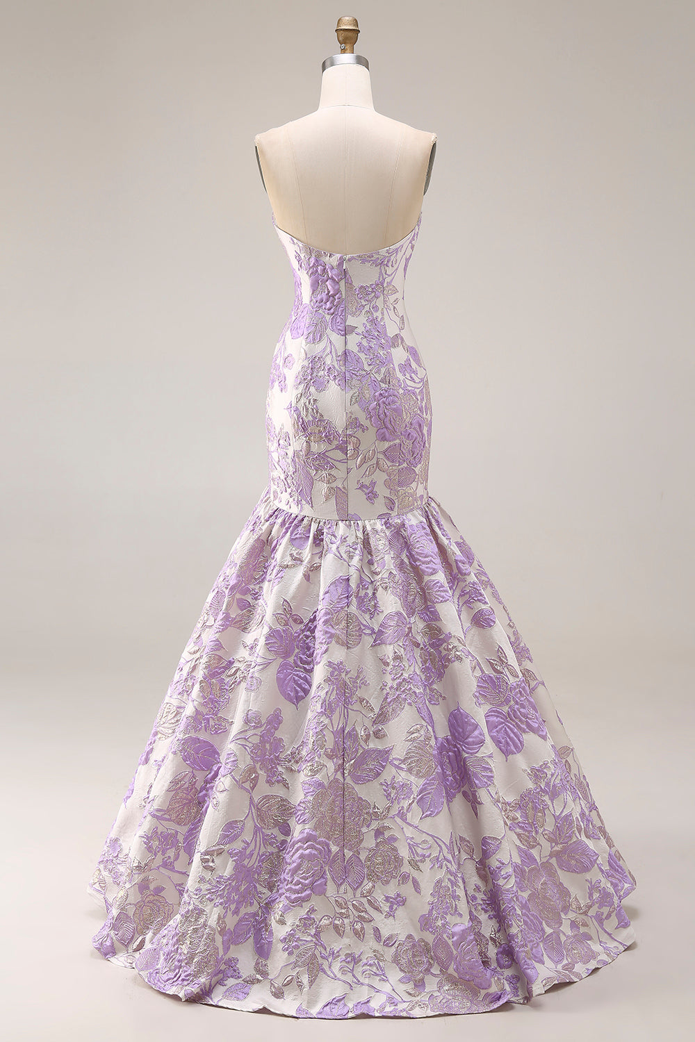 Strapless Mermaid Lilac Jacquard Satin Brocade Long Floral Prom Dress