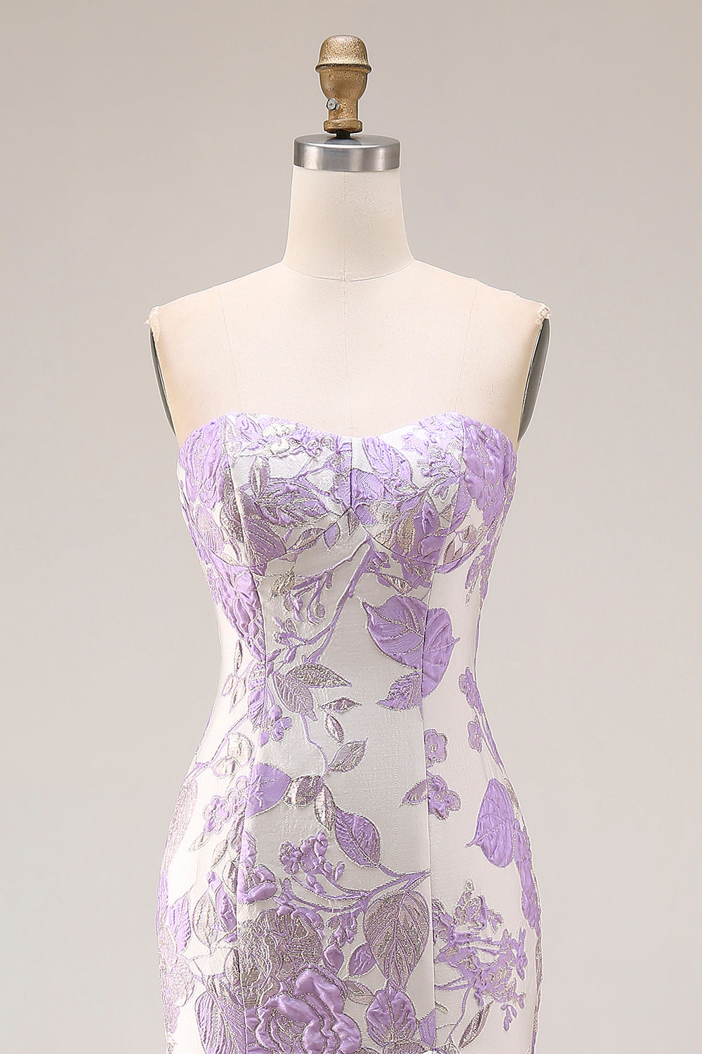 Strapless Mermaid Lilac Jacquard Satin Brocade Long Floral Prom Dress