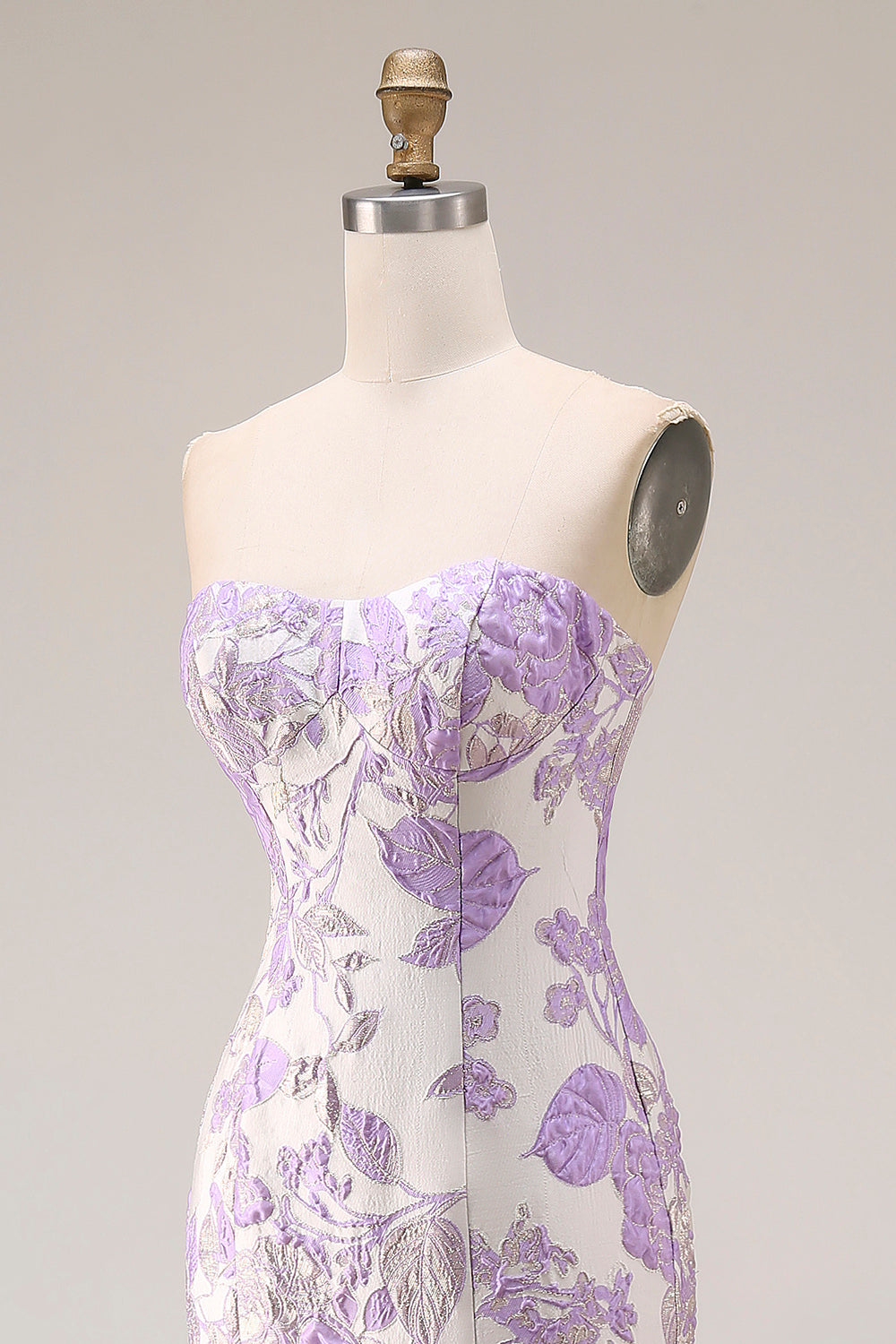 Strapless Mermaid Lilac Jacquard Satin Brocade Long Floral Prom Dress