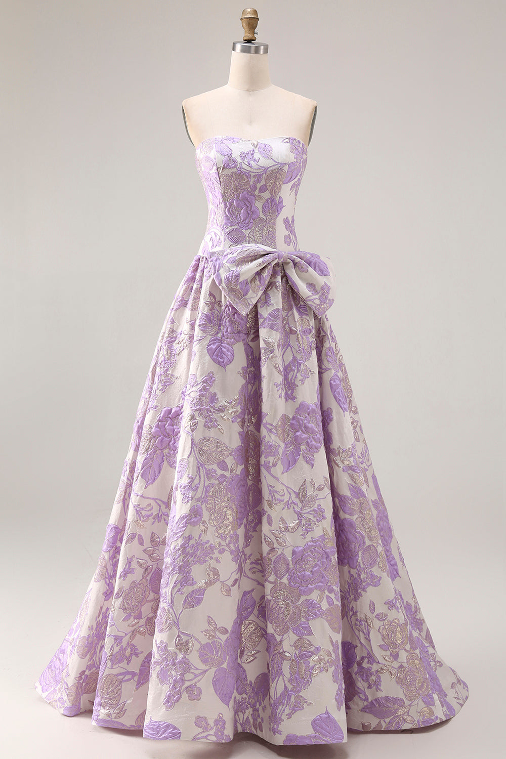 Strapless Lilac A-Line Jacquard Brocade Long Prom Dress with Bow