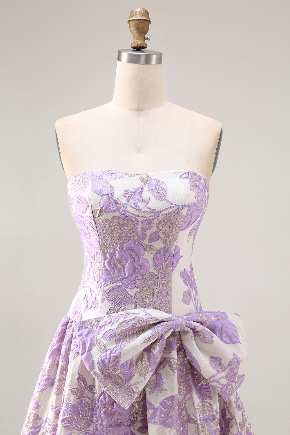 Strapless Lilac A-Line Jacquard Brocade Long Prom Dress with Bow