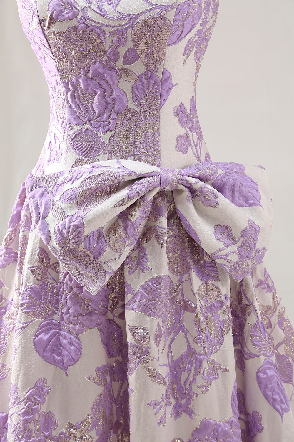 Strapless Lilac A-Line Jacquard Brocade Long Prom Dress with Bow
