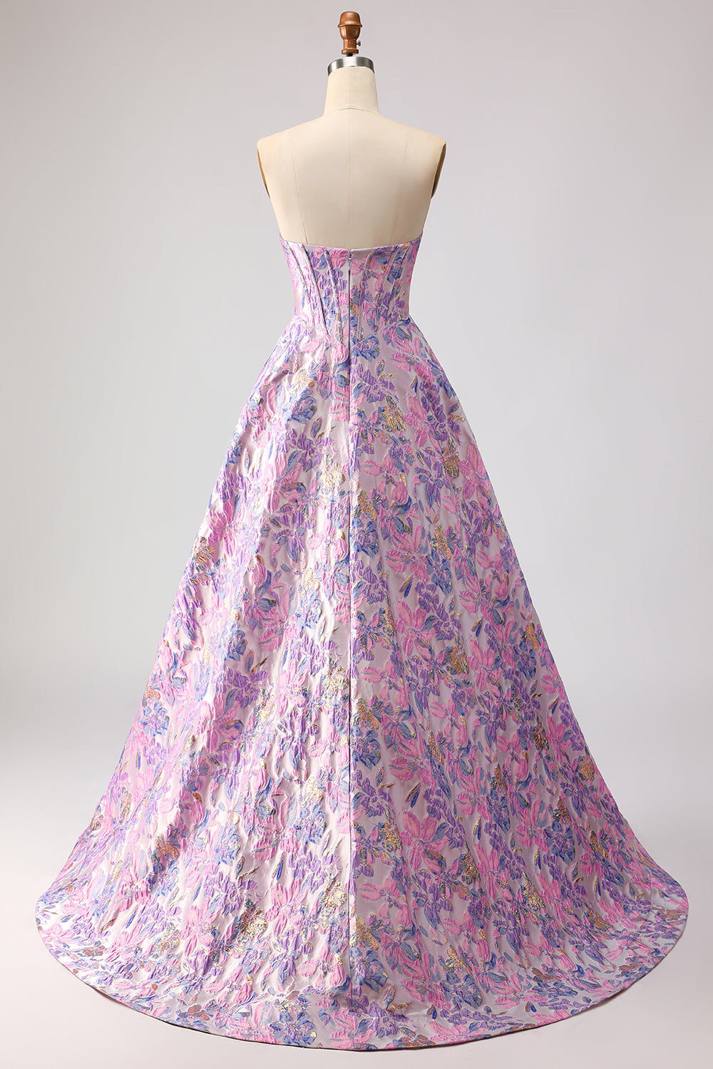 Lilac Strapless A-Line Satin Corset Jacquard Brocade Long Prom Dress