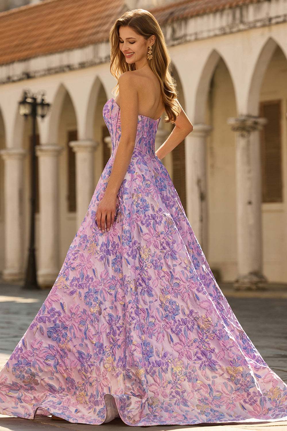 Lilac Strapless A-Line Satin Corset Jacquard Brocade Long Prom Dress