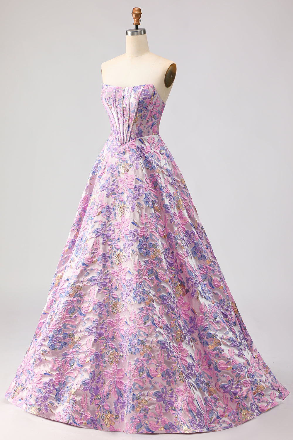 Lilac Strapless A-Line Satin Corset Jacquard Brocade Long Prom Dress