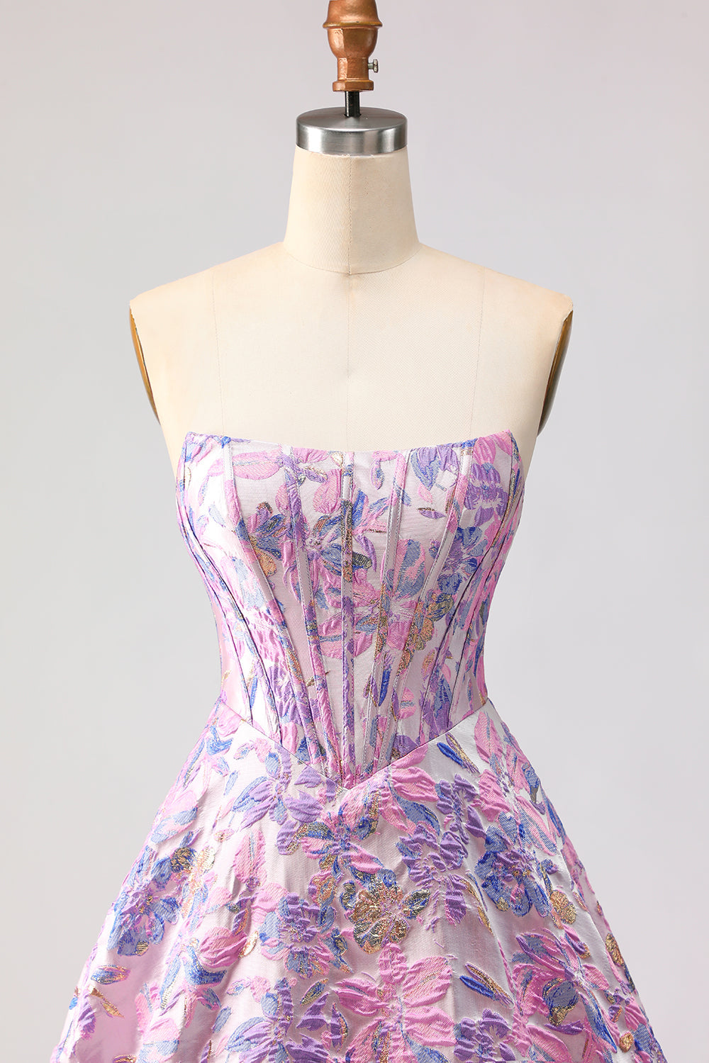 Lilac Strapless A-Line Satin Corset Jacquard Brocade Long Prom Dress