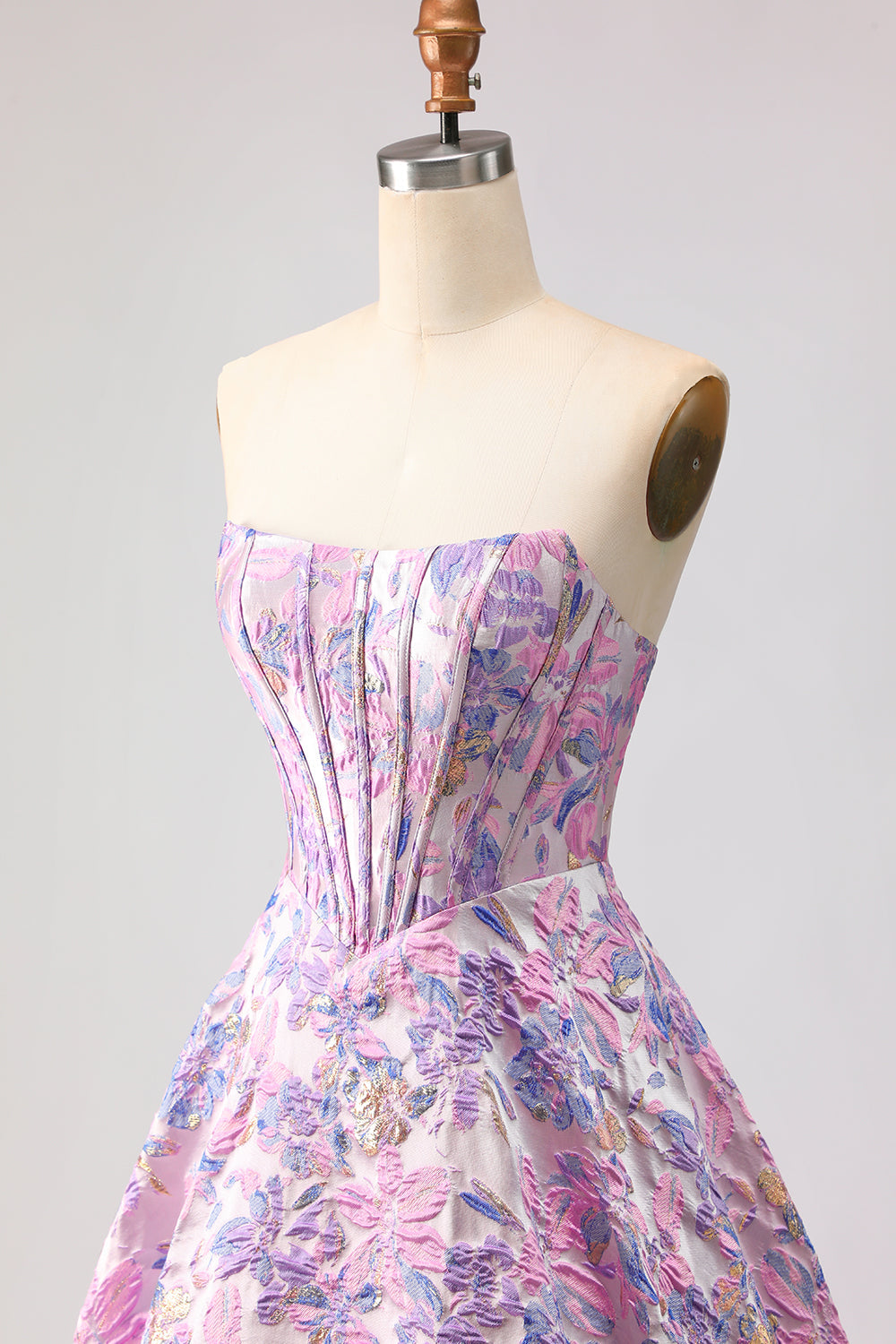 Lilac Strapless A-Line Satin Corset Jacquard Brocade Long Prom Dress