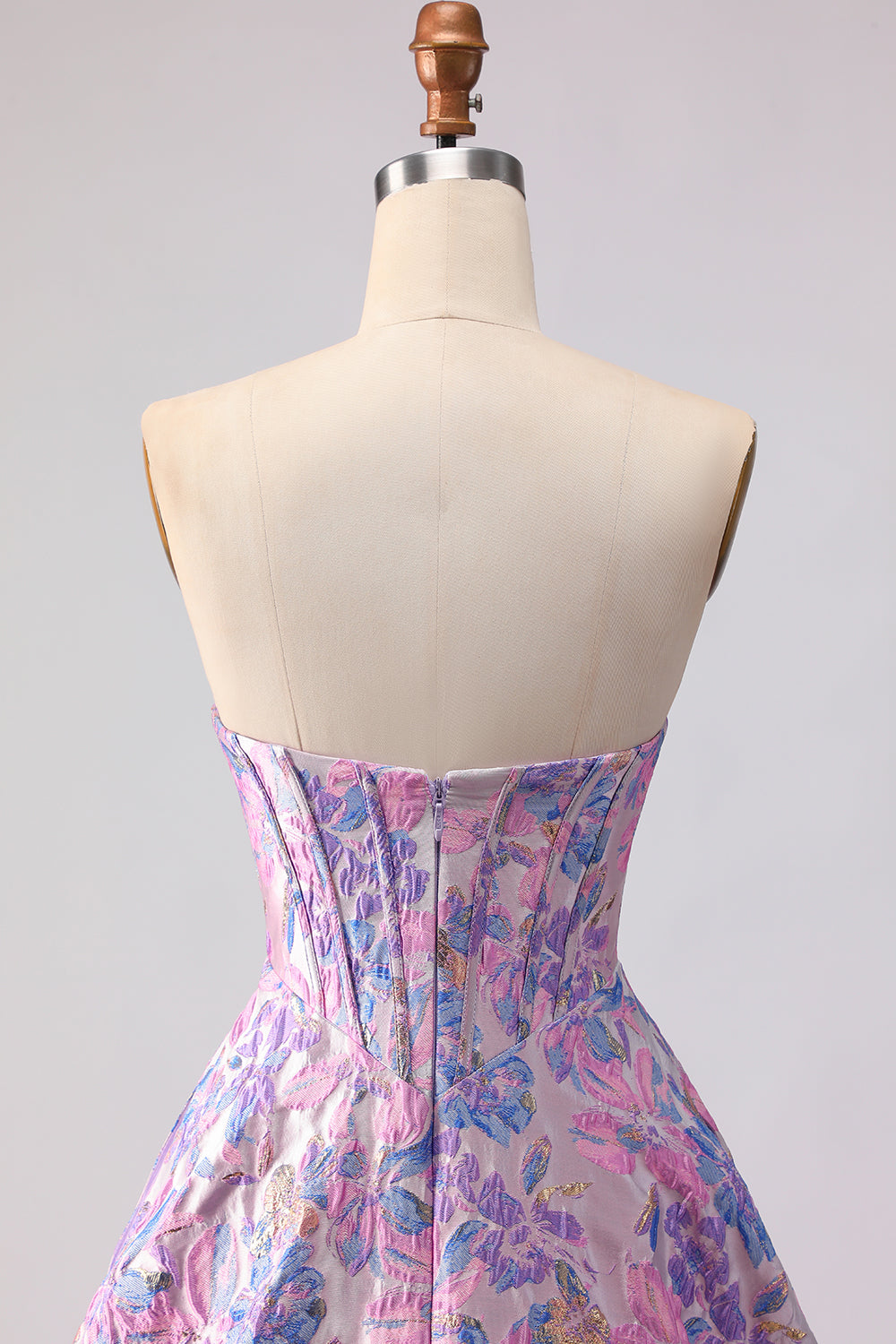 Lilac Strapless A-Line Satin Corset Jacquard Brocade Long Prom Dress
