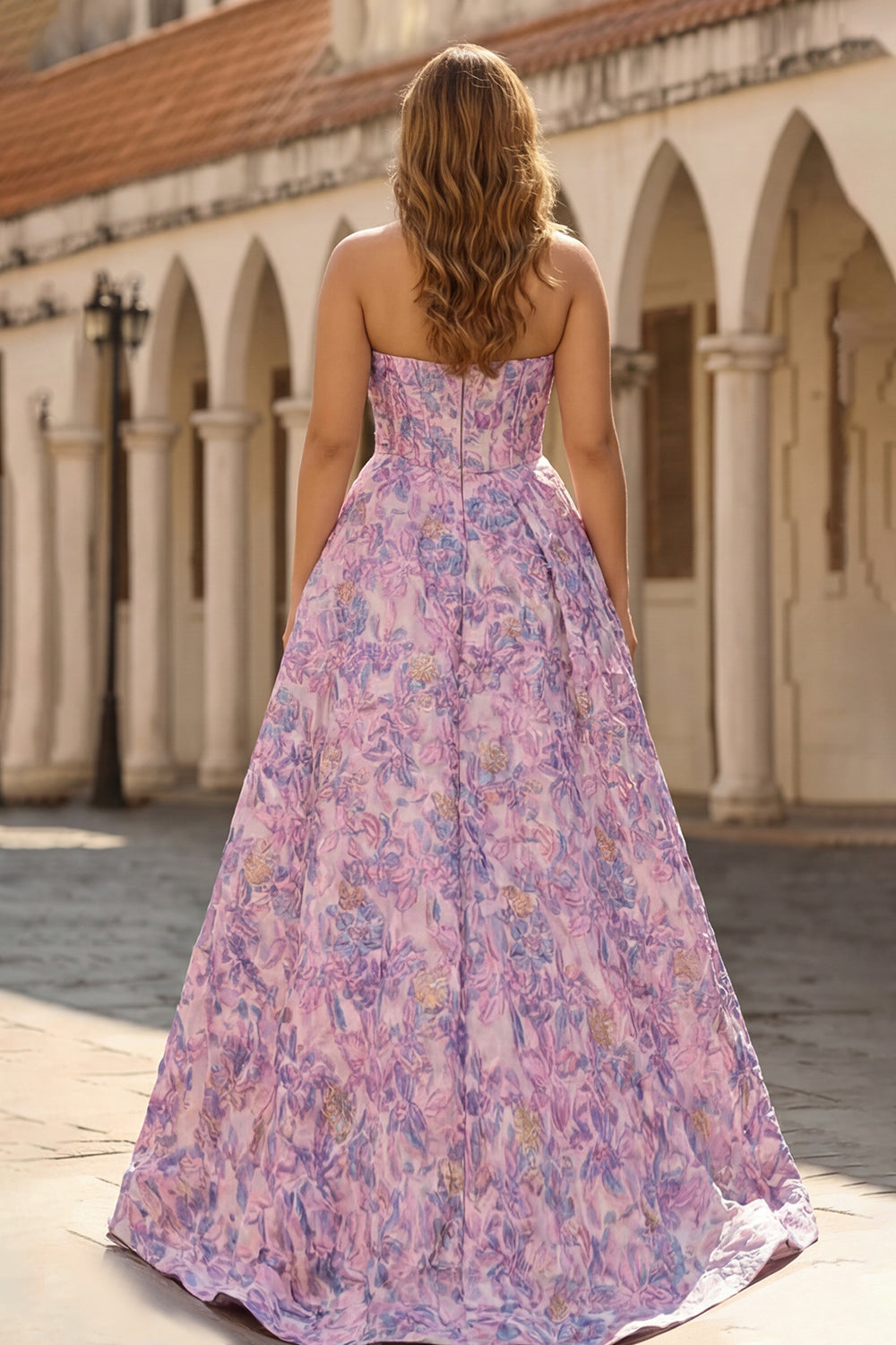 Lilac Strapless A-Line Satin Corset Jacquard Brocade Long Prom Dress