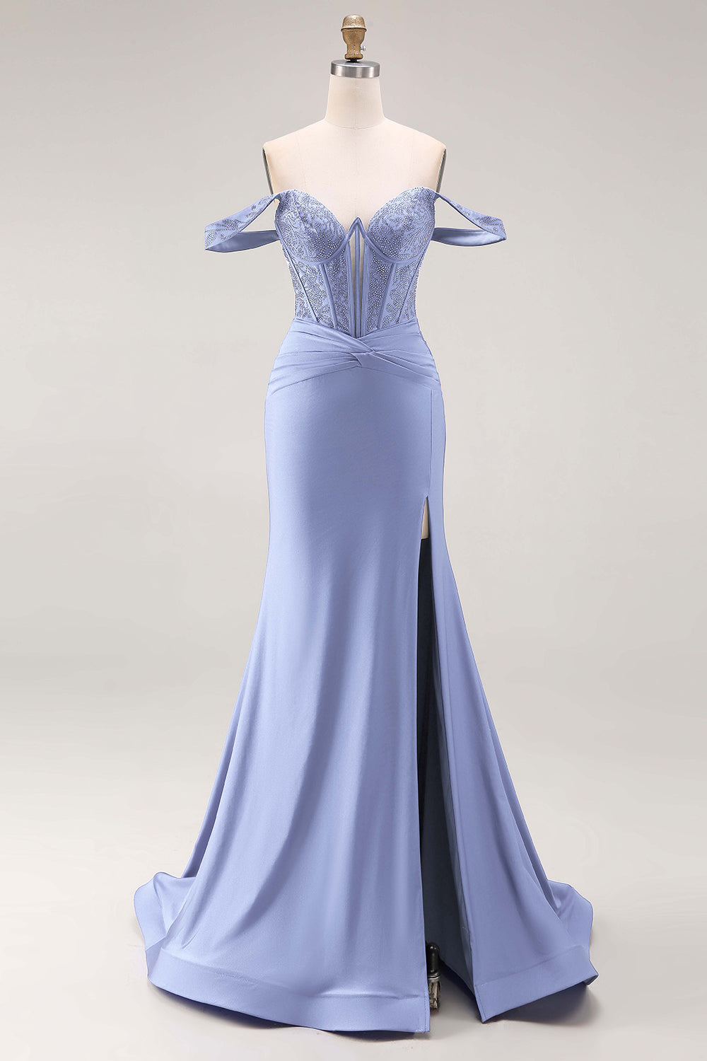 Royal Blue Beaded Corset Mermaid Off the Shoulder Long Prom Dress with Slit