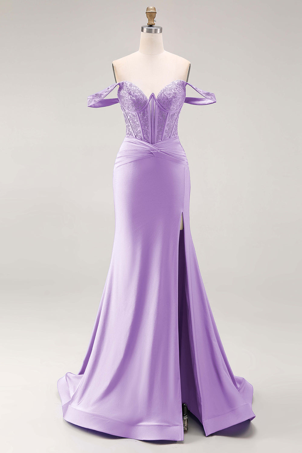 Royal Blue Beaded Corset Mermaid Off the Shoulder Long Prom Dress with Slit