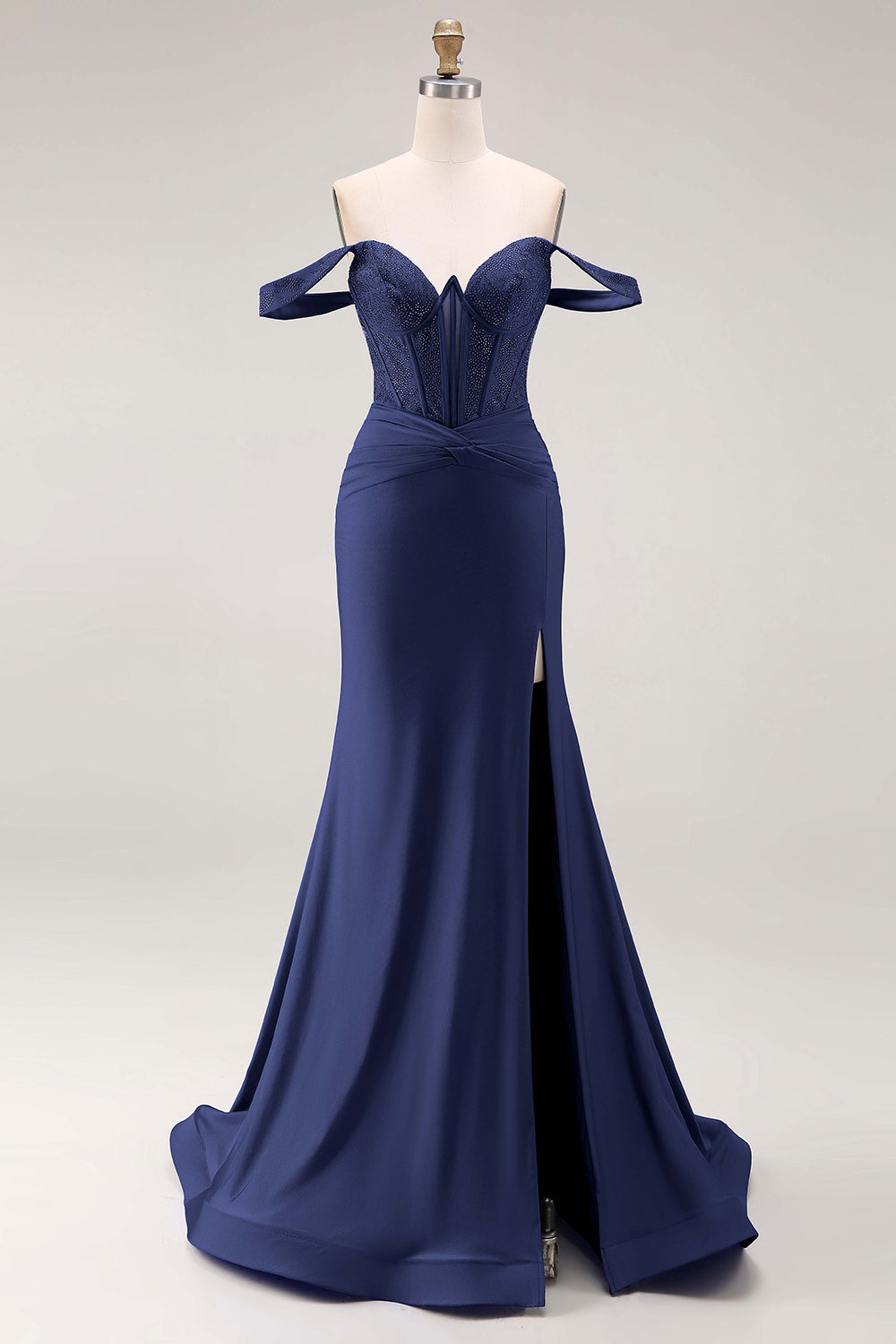 Royal Blue Beaded Corset Mermaid Off the Shoulder Long Prom Dress with Slit