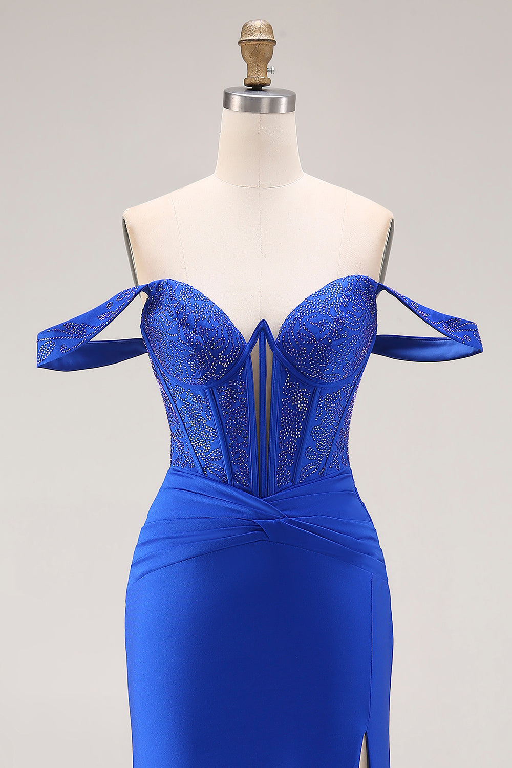 Royal Blue Beaded Corset Mermaid Off the Shoulder Long Prom Dress with Slit