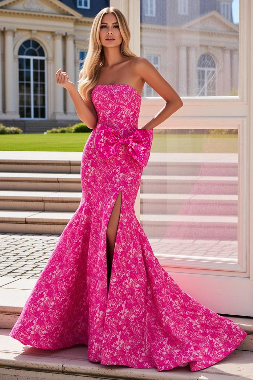 Vestido largo de fiesta tipo sirena con abertura lateral, estampado floral fucsia y lazo, sin tirantes