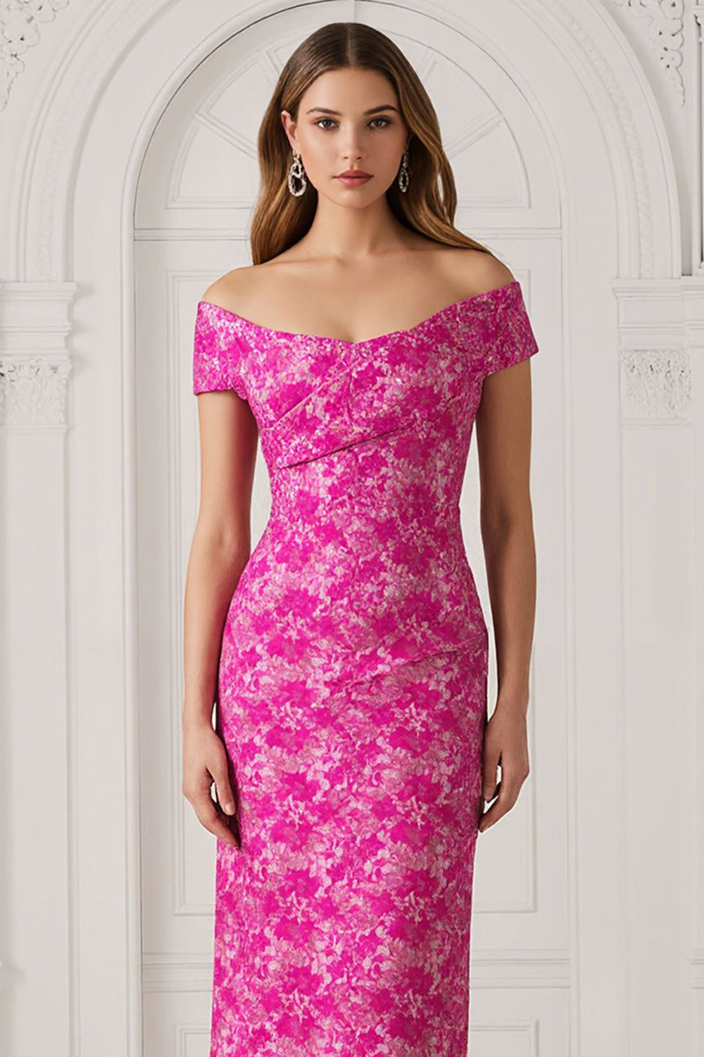 Fuchsia Off the Shoulder Flower Sheath Long Mother of the Bride Dress