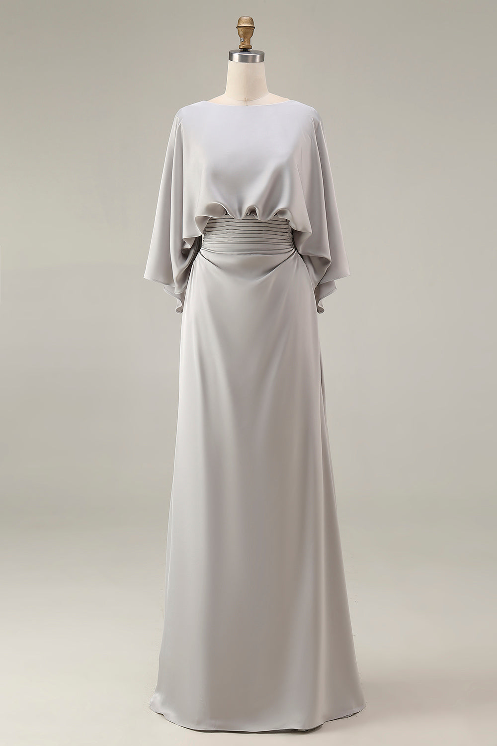 Vestido largo plateado con mangas 3/4 y bolsillos para la madre de la novia