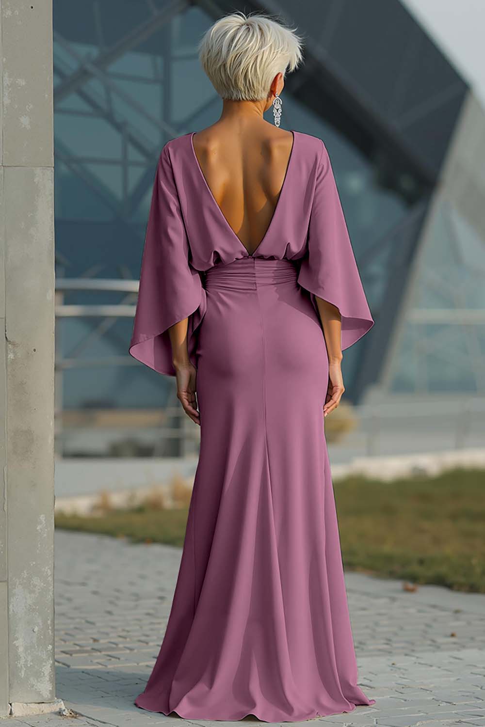 Vestido largo plateado con mangas 3/4 y bolsillos para la madre de la novia