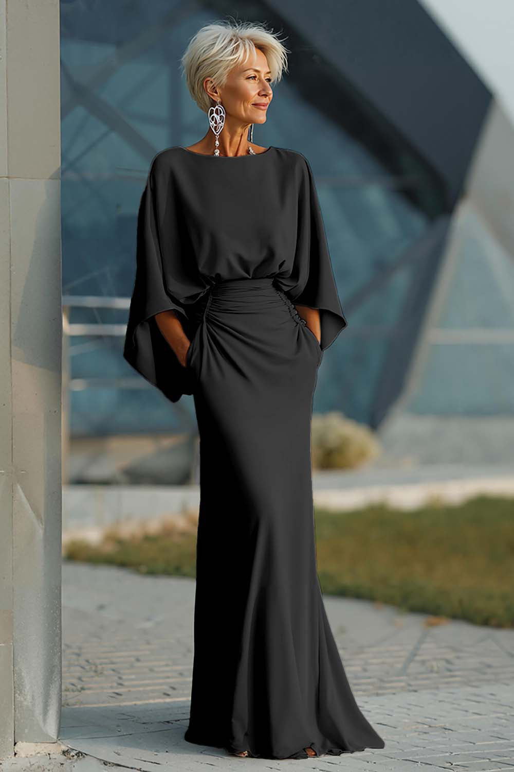 Vestido largo plateado con mangas 3/4 y bolsillos para la madre de la novia