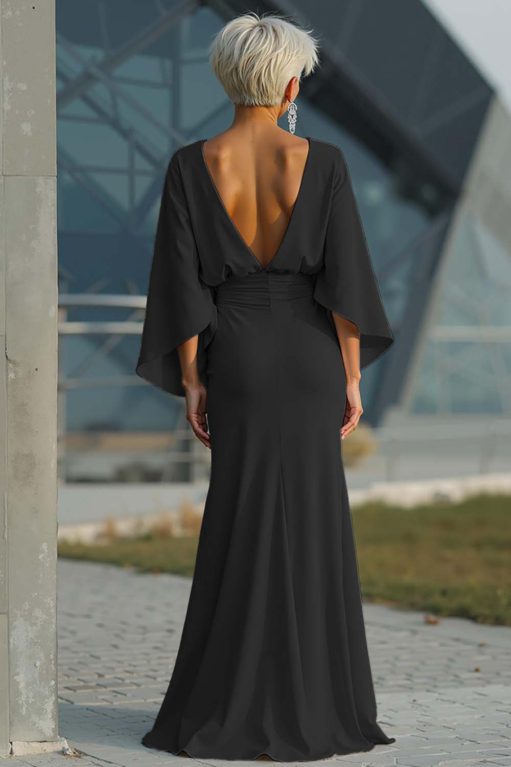 Vestido largo plateado con mangas 3/4 y bolsillos para la madre de la novia