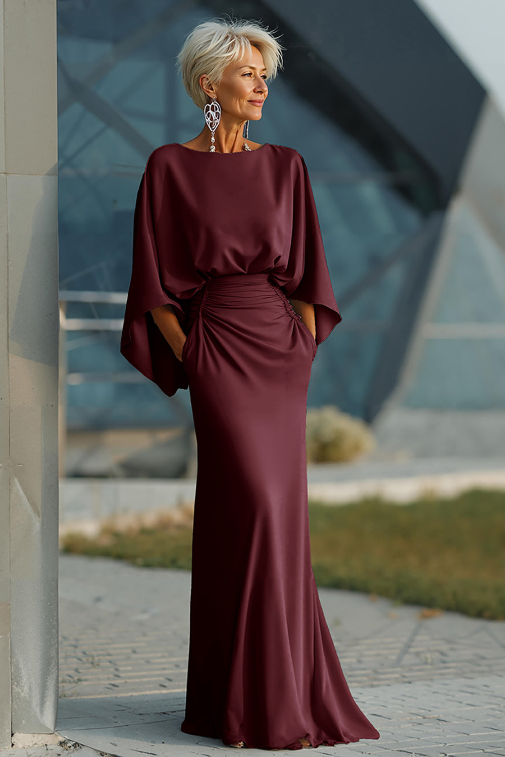 Vestido largo plateado con mangas 3/4 y bolsillos para la madre de la novia