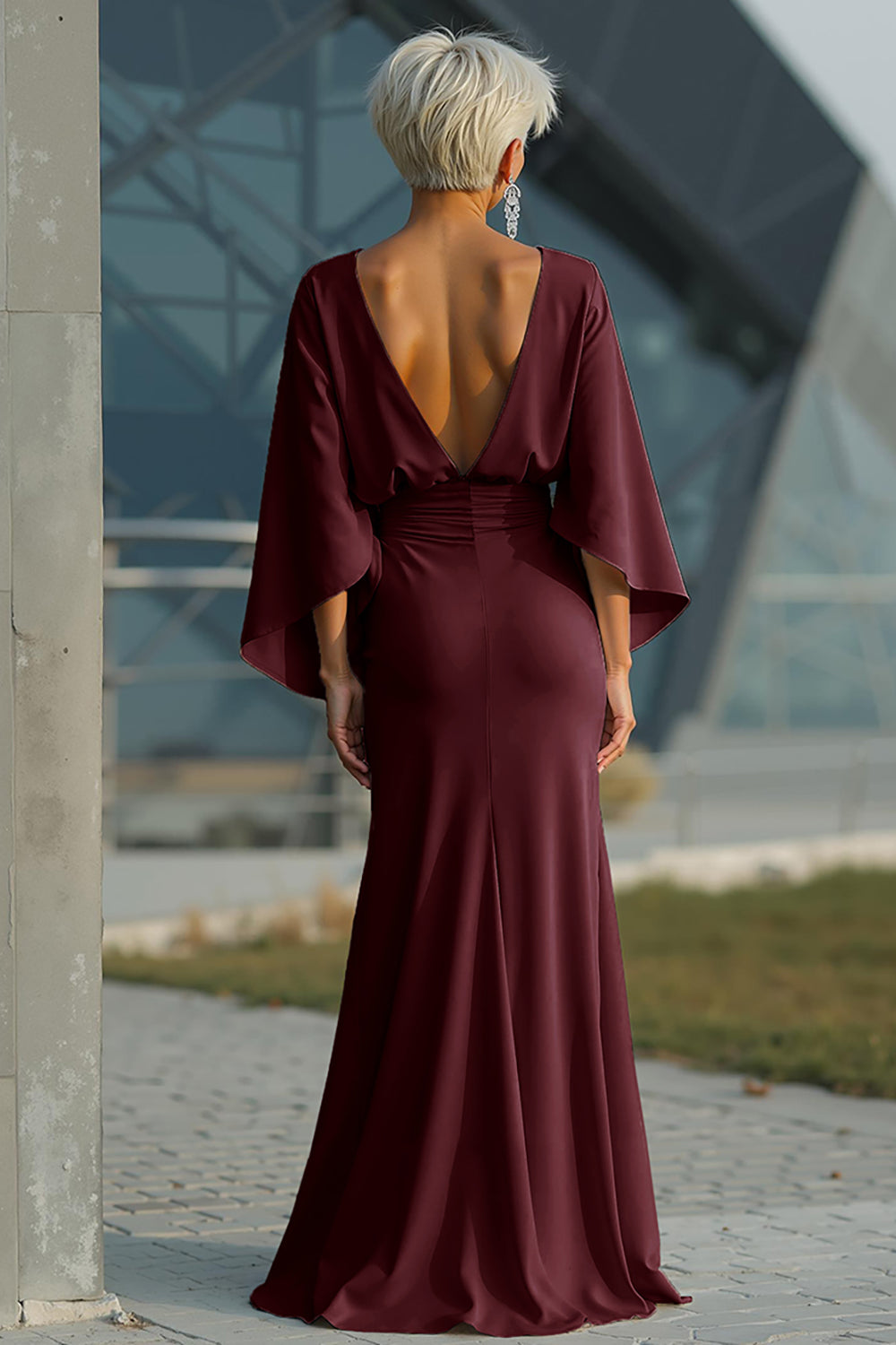 Vestido largo plateado con mangas 3/4 y bolsillos para la madre de la novia