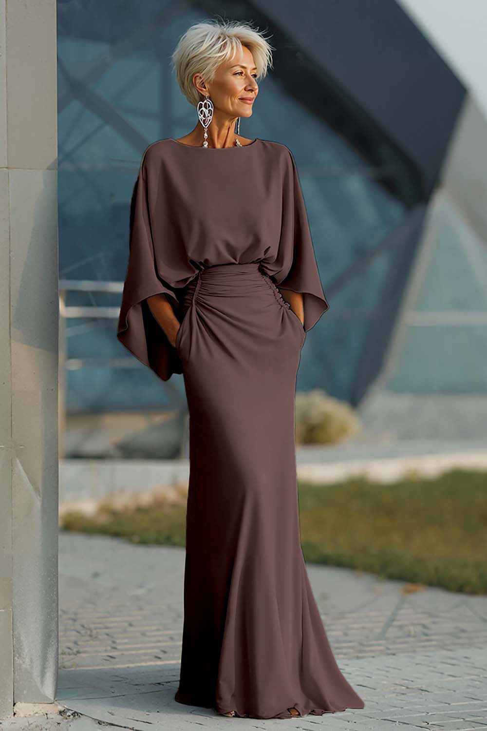 Vestido largo plateado con mangas 3/4 y bolsillos para la madre de la novia