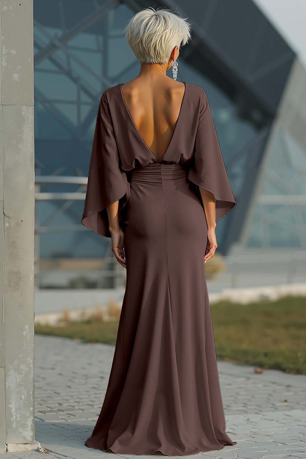 Vestido largo plateado con mangas 3/4 y bolsillos para la madre de la novia