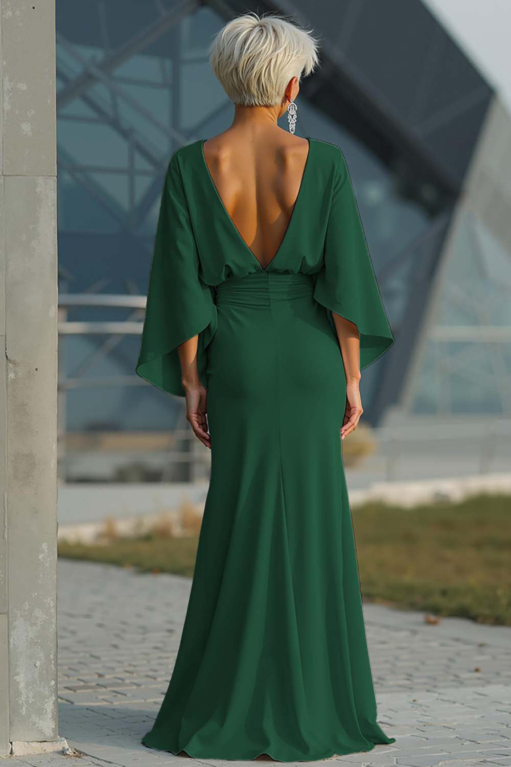 Vestido largo plateado con mangas 3/4 y bolsillos para la madre de la novia