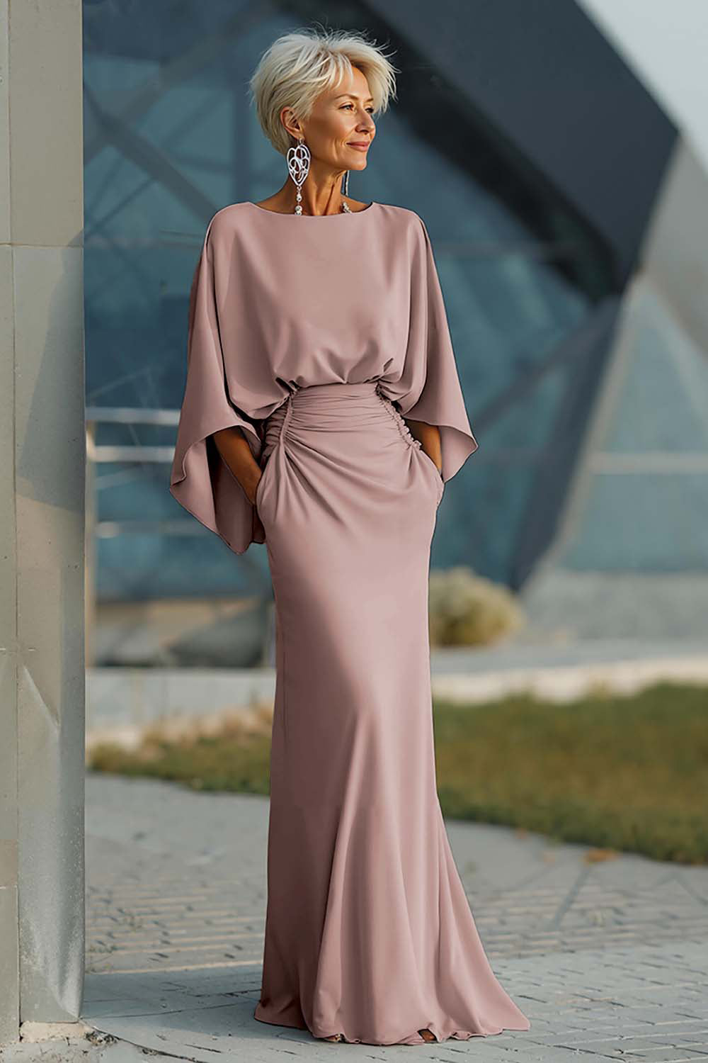 Vestido largo plateado con mangas 3/4 y bolsillos para la madre de la novia