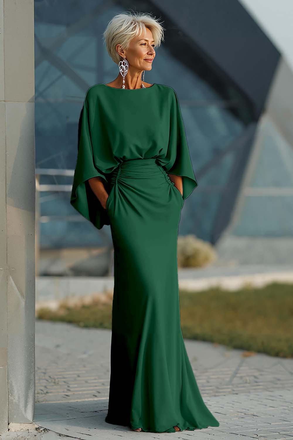 Vestido largo plateado con mangas 3/4 y bolsillos para la madre de la novia