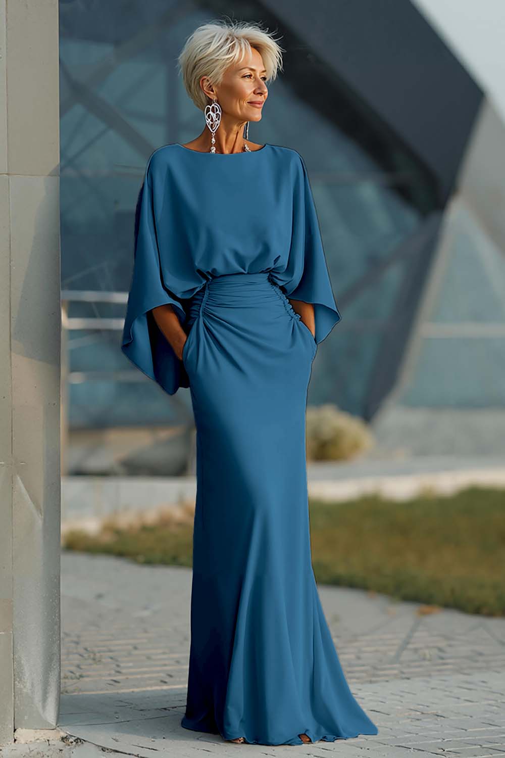 Vestido largo plateado con mangas 3/4 y bolsillos para la madre de la novia
