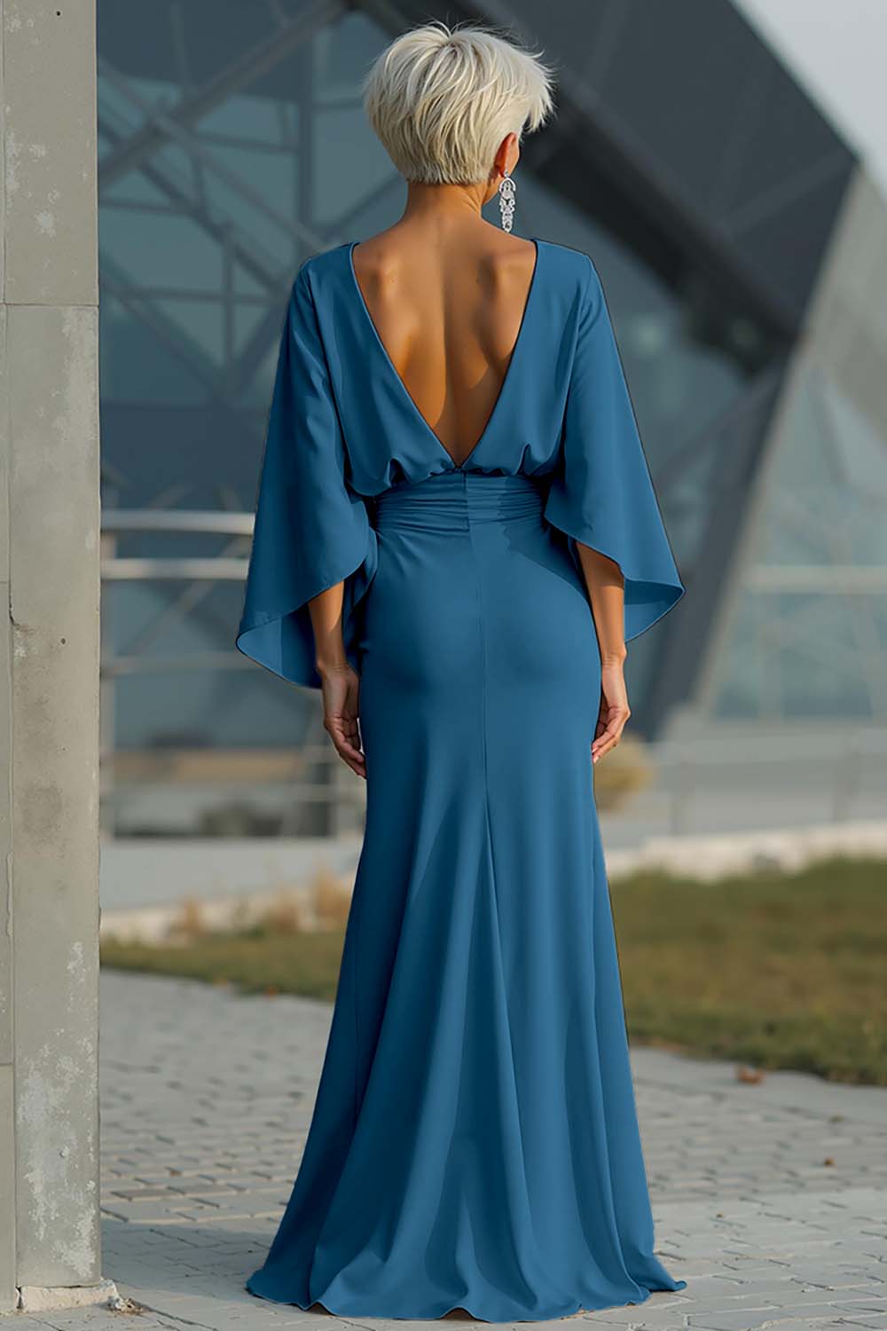 Vestido largo plateado con mangas 3/4 y bolsillos para la madre de la novia