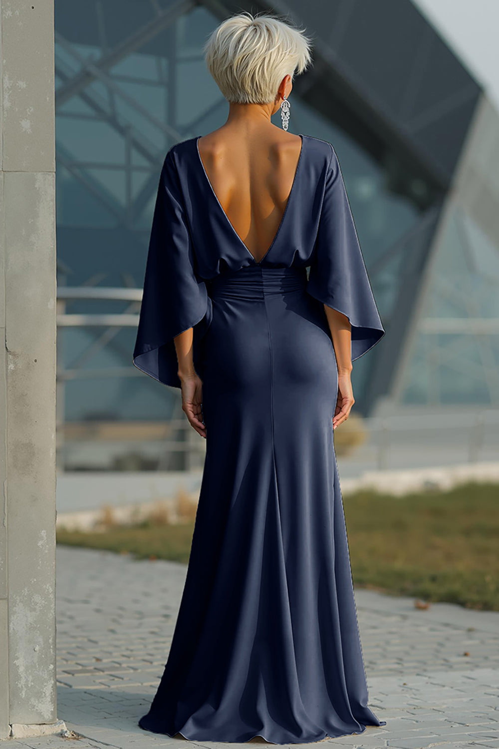 Vestido largo plateado con mangas 3/4 y bolsillos para la madre de la novia