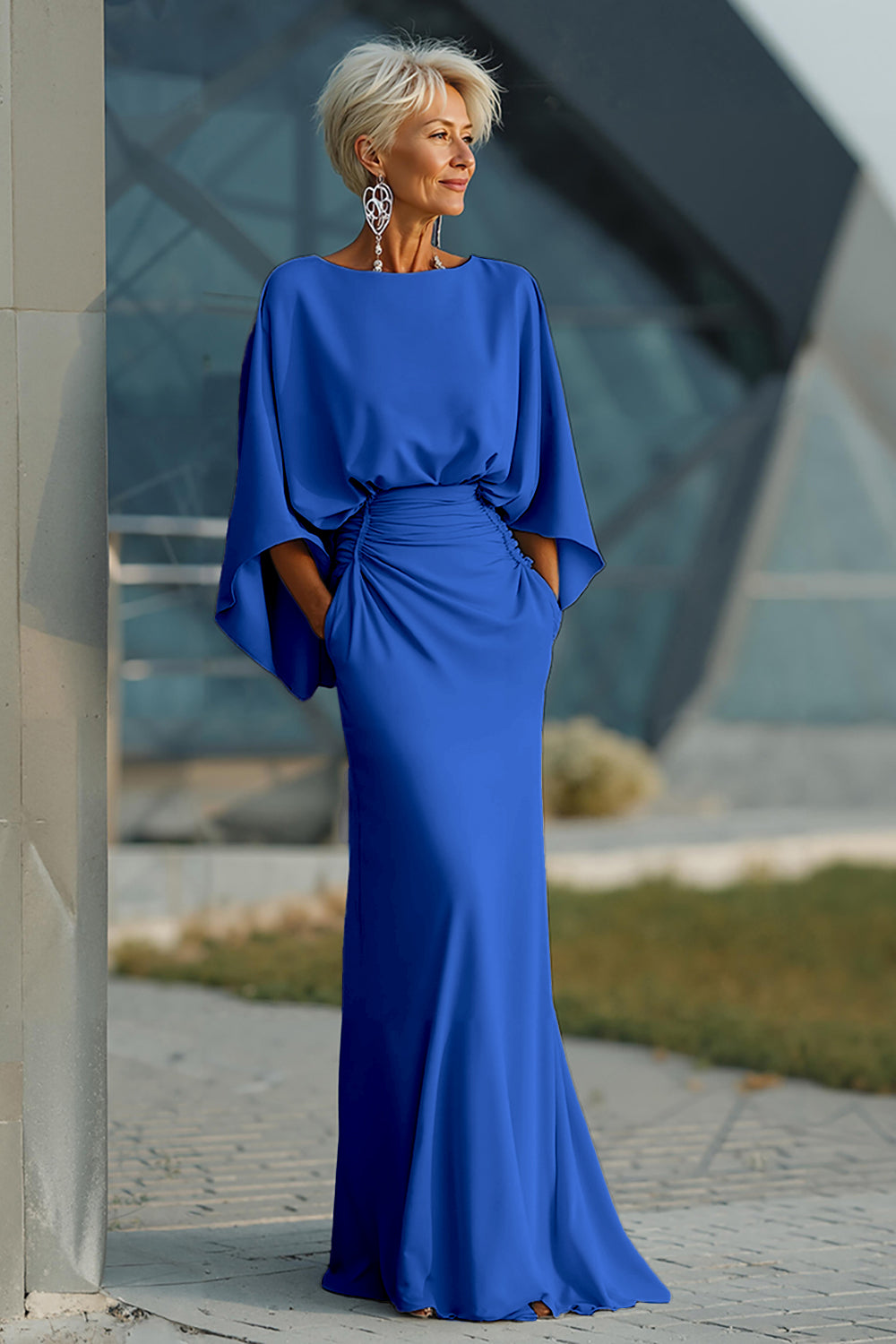 Vestido largo plateado con mangas 3/4 y bolsillos para la madre de la novia
