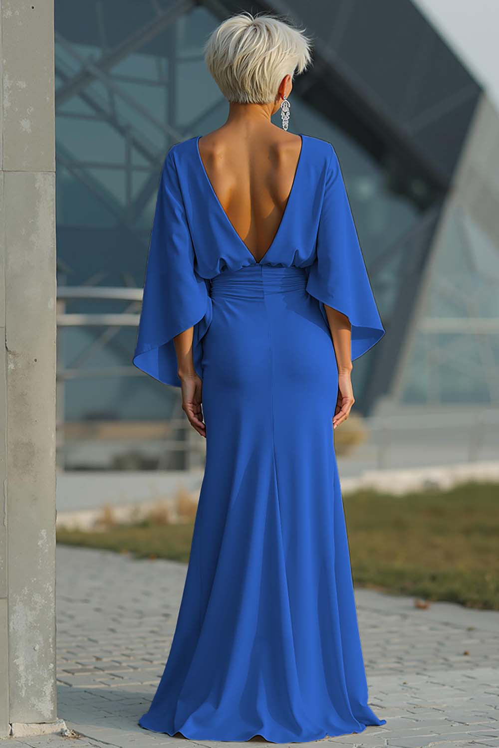 Vestido largo plateado con mangas 3/4 y bolsillos para la madre de la novia