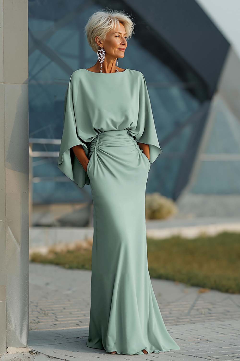Vestido largo plateado con mangas 3/4 y bolsillos para la madre de la novia