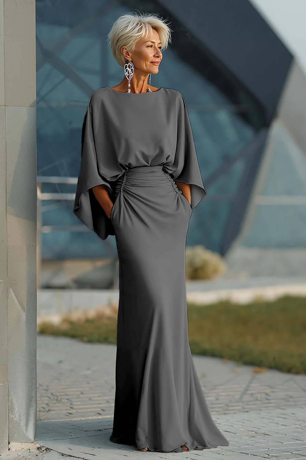 Vestido largo plateado con mangas 3/4 y bolsillos para la madre de la novia