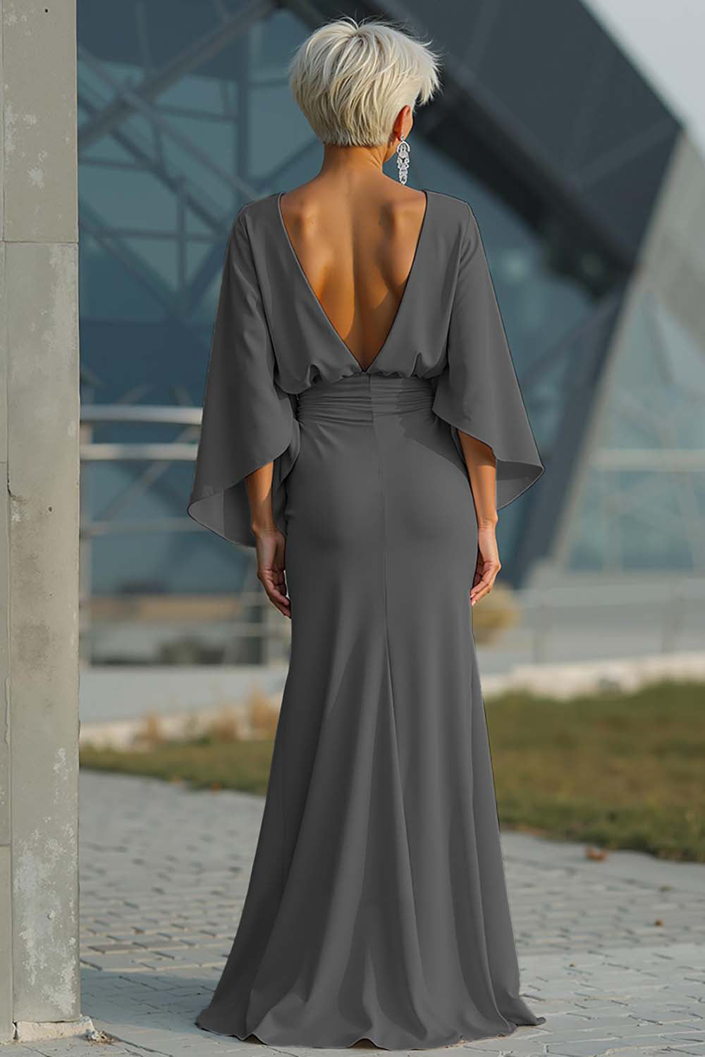 Vestido largo plateado con mangas 3/4 y bolsillos para la madre de la novia