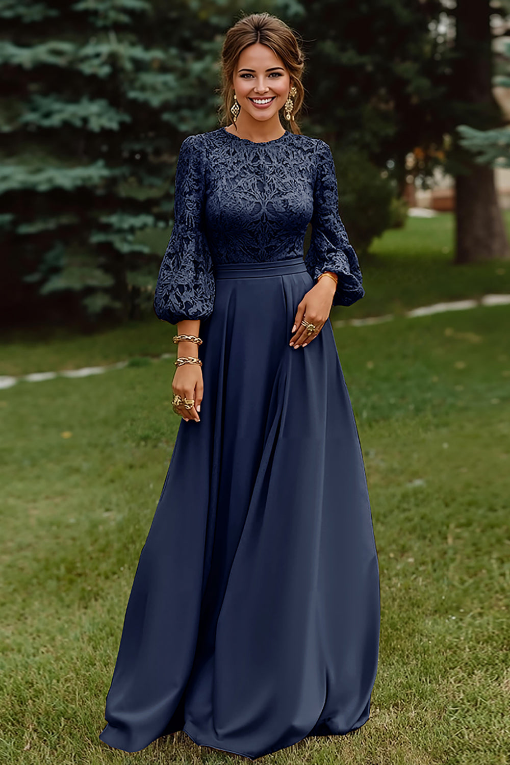 Dusty Rose A-Line Lace Long Mother of the Bride Dress with 3/4 Sleeves