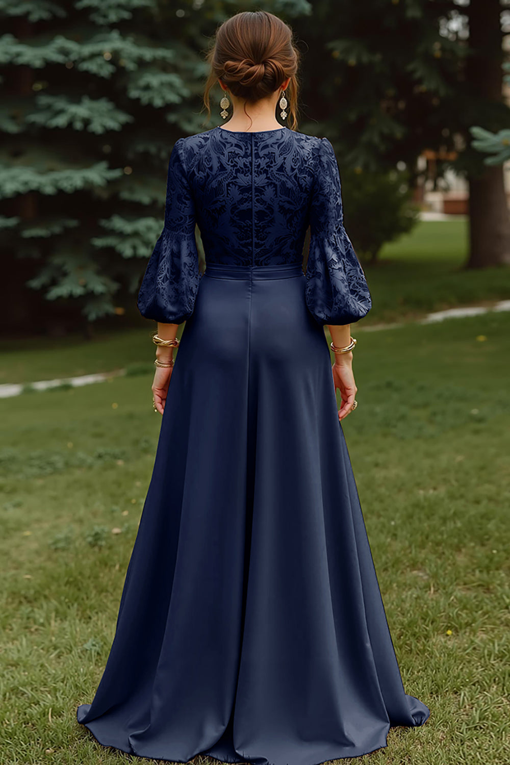 Dusty Rose A-Line Lace Long Mother of the Bride Dress with 3/4 Sleeves