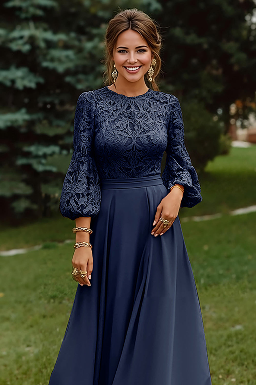 Dusty Rose A-Line Lace Long Mother of the Bride Dress with 3/4 Sleeves