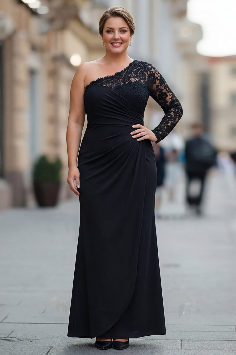 Robe de sirène noire asymétrique grande taille pour la mère de la mariée avec dentelle